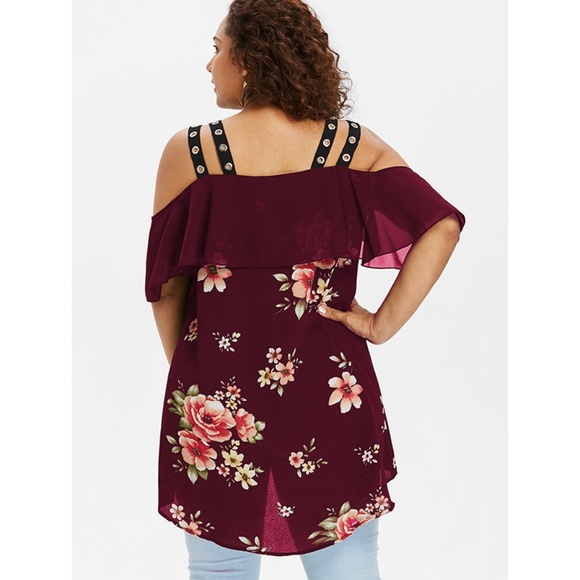 Plus Size Ruffle Floral High Low Blouse - Red Wine - Picture 6 of 8